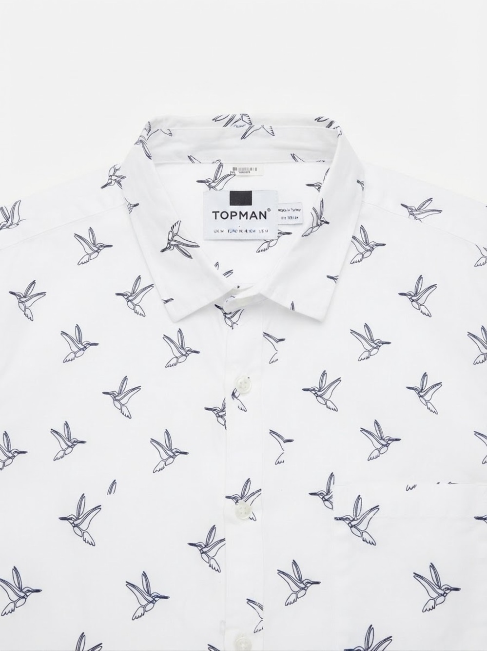 Topman White Short-Sleeve Button-Down Shirt with Blue Bird Print
